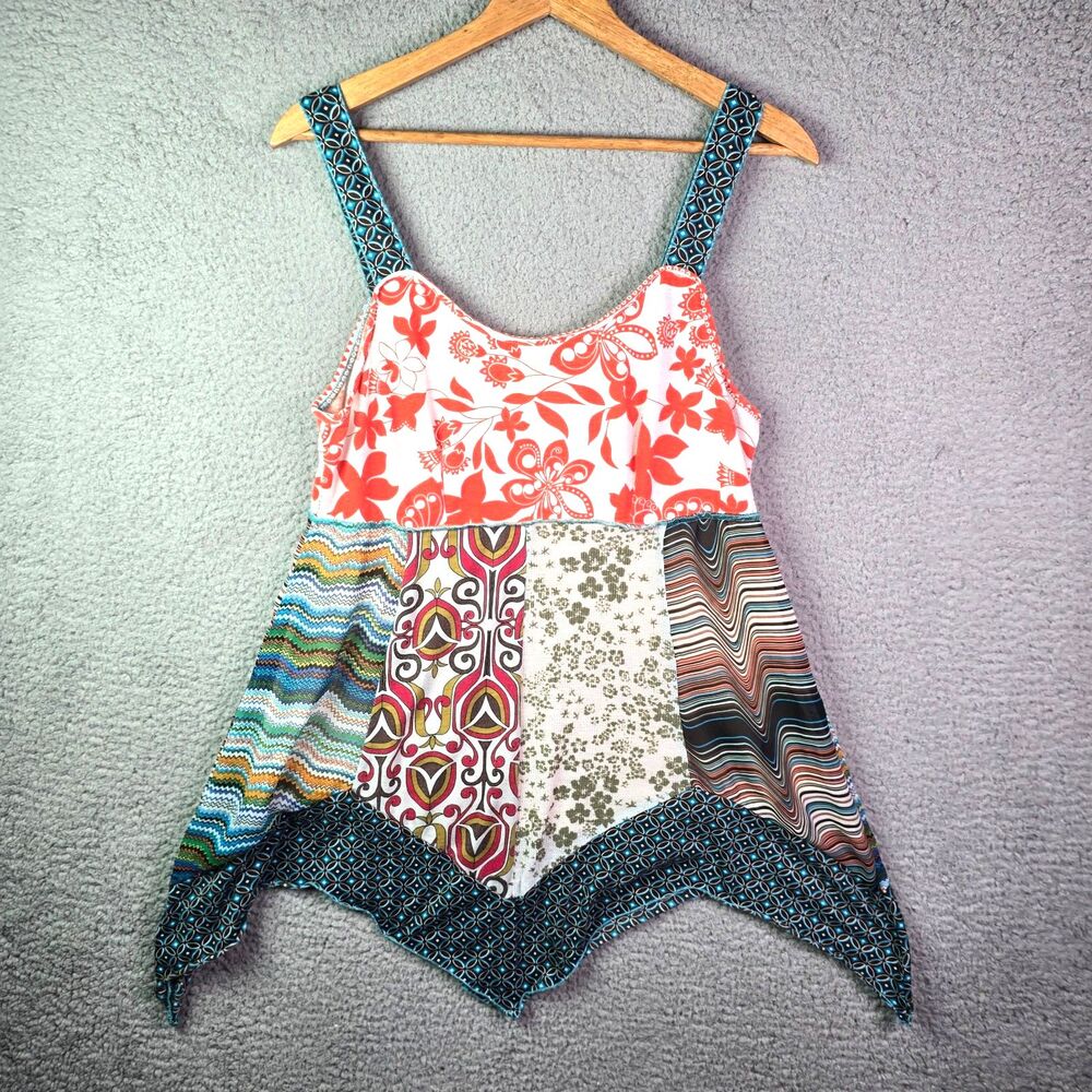 Hand Jive Patchwork Top Multicolor XXL Boho Handkerchief Hem Wearable Art